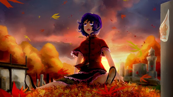 Anime picture 3840x2160 with touhou original miyako yoshika hi-you blush highres short hair wide image purple eyes absurdres purple hair cloud (clouds) tears girl dress plant (plants) tree (trees) leaf (leaves)