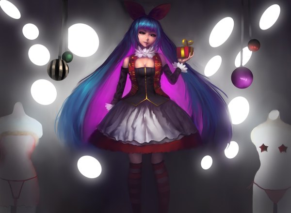 Anime picture 1200x880 with panty & stocking with garterbelt anarchy stocking vinci single long hair green eyes cleavage purple hair multicolored hair colored inner hair girl thighhighs dress bow hair bow detached sleeves star (symbol) striped thighhighs gift
