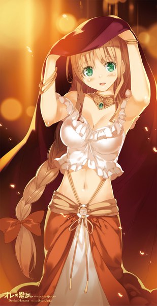 Anime picture 1186x2300 with original ueda ryou single tall image looking at viewer blush fringe breasts open mouth light erotic brown hair large breasts standing bare shoulders holding green eyes signed payot braid (braids) parted lips