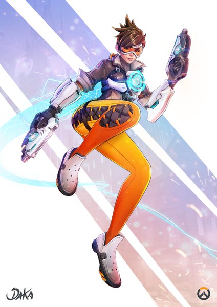 Anime picture 1920x2715 with overwatch blizzard entertainment tracer (overwatch) daka dibuja single tall image looking at viewer highres short hair smile brown hair holding brown eyes signed bent knee (knees) lacing jumping spiked hair smirk logo