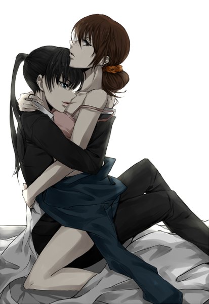 Anime picture 900x1307 with psycho-pass production i.g yayoi kunizuka shimotsuki mika thorn (artist) long hair tall image open mouth blue eyes light erotic black hair brown hair white background sitting bare shoulders multiple girls brown eyes ponytail profile hug