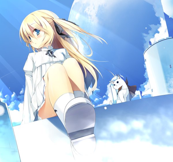 Anime picture 1219x1143 with original nekomu long hair blue eyes blonde hair looking away sunlight loli girl skirt miniskirt animal cat