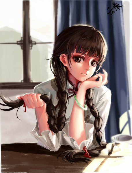 Anime picture 800x1050 with original yunsang single long hair tall image looking at viewer fringe brown hair sitting holding brown eyes signed braid (braids) twin braids girl bracelet