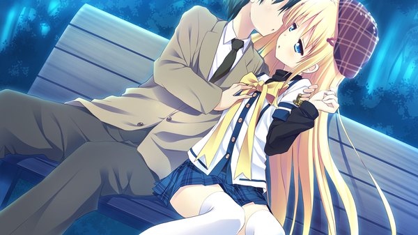 Anime picture 1280x720 with clover day's long hair blush blue eyes blonde hair wide image sitting game cg couple girl thighhighs boy skirt uniform school uniform white thighhighs beret