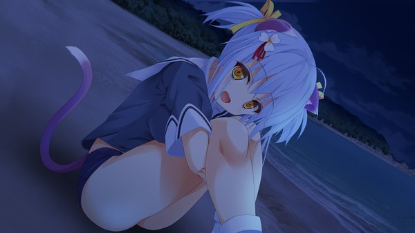 Anime picture 1024x576 with neko masshigura single looking at viewer short hair open mouth wide image sitting animal ears yellow eyes blue hair game cg tail animal tail cat ears cat girl cat tail girl sailor suit