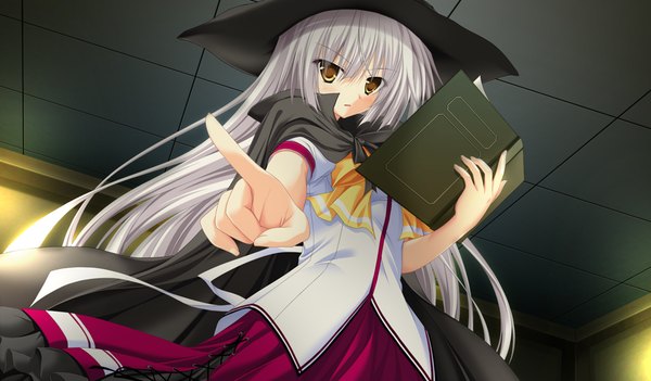 Anime picture 1024x600 with sora to kumo to kimi no koi long hair blush wide image yellow eyes game cg white hair witch girl uniform school uniform book (books) witch hat