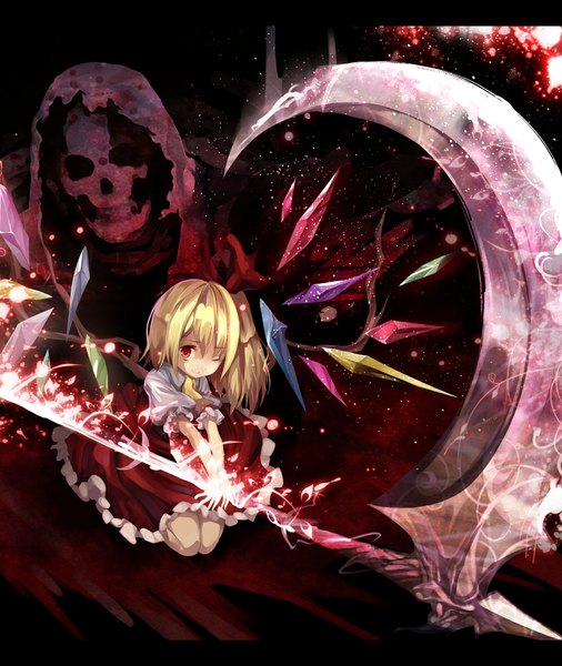 Anime picture 1000x1185 with touhou flandre scarlet death (entity) torino aqua single tall image short hair blonde hair red eyes one eye closed wink letterboxed girl dress wings scythe