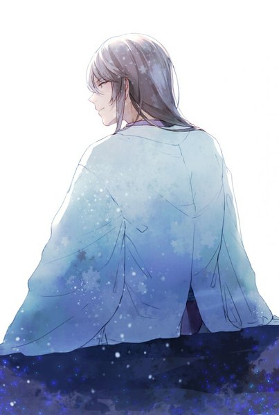Anime picture 571x850 with gintama sunrise (studio) yoshida shouyou joey single long hair tall image fringe simple background white background sitting looking away silver hair traditional clothes japanese clothes profile light smile silver eyes boy
