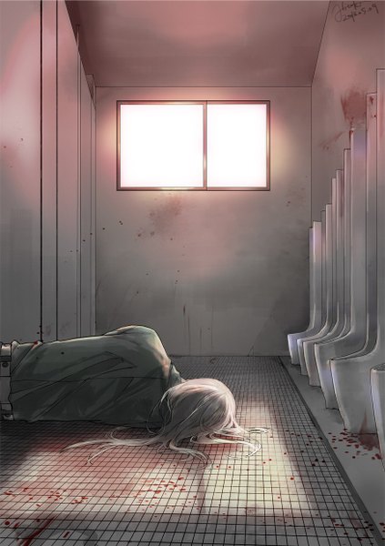 Anime picture 874x1240 with sweet pool nitro+chiral zenya okinaga hitaki azami single long hair tall image white background indoors lying from behind back on side death boy window blood toilet urinal