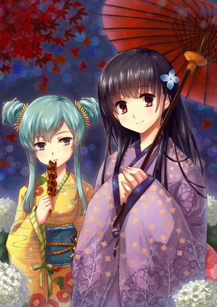 Anime picture 1343x1899 with sankarea studio deen sanka rea furuya mero pollia long hair tall image looking at viewer black hair smile red eyes multiple girls brown eyes traditional clothes japanese clothes green hair eating girl flower (flowers) 2 girls