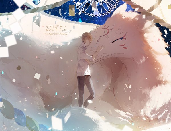 Anime picture 1300x994 with natsume yuujinchou brains base (studio) natsume takashi madara (nyanko-sensei) single fringe brown hair standing eyes closed hug happy birthday glow boy shirt pants confetti