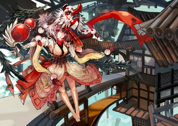 Anime picture 1200x853 with original ryuuri susuki (artist) single short hair japanese clothes barefoot grey hair grey eyes girl detached sleeves wings belt feather (feathers) mask house roof tengu mask