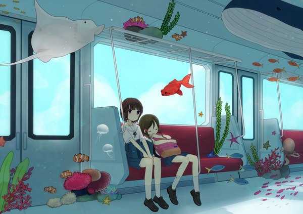 Anime picture 1500x1059 with original mituame short hair brown hair sitting purple eyes multiple girls eyes closed sleeping girl uniform 2 girls animal serafuku fish (fishes) train jellyfish whale coral octopus