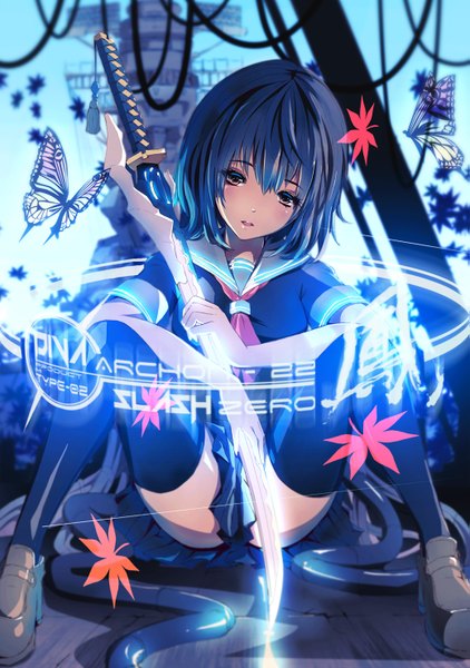 Anime picture 1039x1476 with original merontomari single tall image short hair light erotic black hair sitting full body inscription girl thighhighs skirt weapon black thighhighs miniskirt sword serafuku katana leaf (leaves)