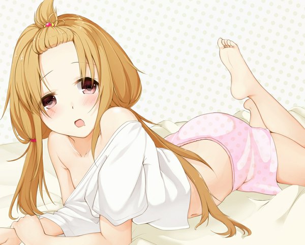 Anime picture 1000x804 with idolmaster idolmaster cinderella girls futaba anzu ratsuku kinoko single long hair looking at viewer blush open mouth light erotic brown hair twintails bare shoulders brown eyes payot barefoot bare legs low twintails girl underwear