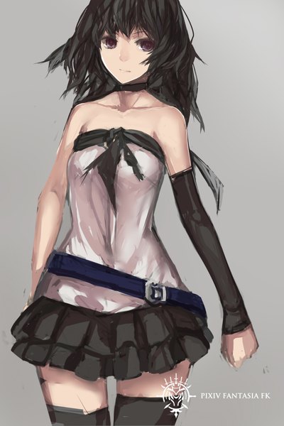 Anime picture 1417x2125 with original pixiv fantasia pixiv fantasia fallen kings paradise (character) swd3e2 single long hair tall image looking at viewer black hair simple background purple eyes bare shoulders grey background logo girl thighhighs skirt black thighhighs detached sleeves