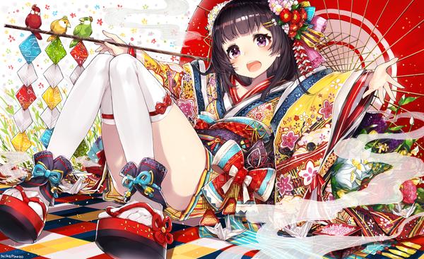 Anime picture 1500x919 with original mika pikazo single long hair blush fringe open mouth light erotic black hair wide image purple eyes holding signed looking away traditional clothes japanese clothes hair flower official art floral print happy