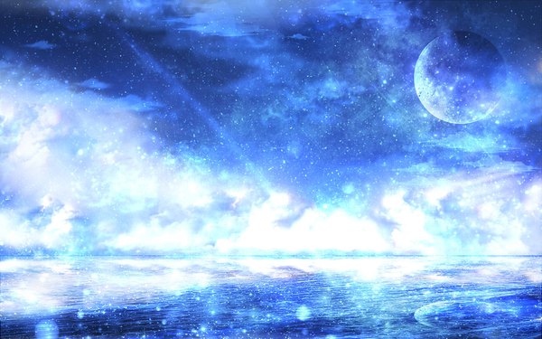 Anime picture 1440x900 with original czy cloud (clouds) night night sky no people space water sea star (stars) planet