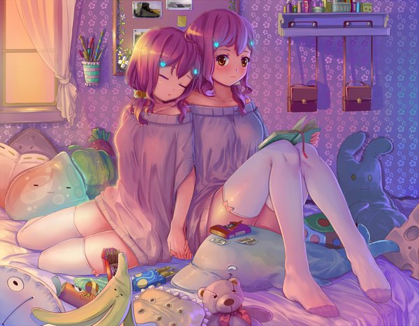 Anime picture 2000x1557 with original fangxiang cuoluan looking at viewer blush highres short hair sitting multiple girls brown eyes purple hair eyes closed holding hands sleeping girl thighhighs hair ornament 2 girls shirt white thighhighs window