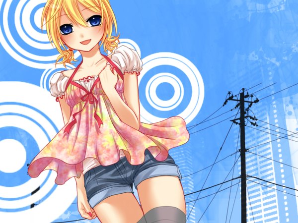 Anime picture 1400x1050 with vocaloid kagamine rin single blush blue eyes blonde hair girl shorts