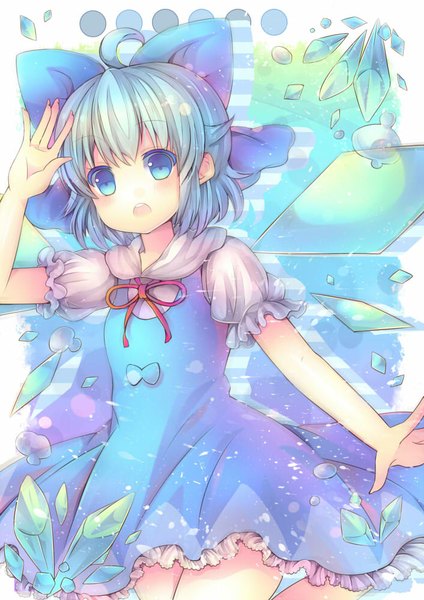 Anime picture 706x1000 with touhou cirno pjrmhm coa single tall image looking at viewer blush short hair open mouth blue eyes blue hair ahoge girl dress bow hair bow wings