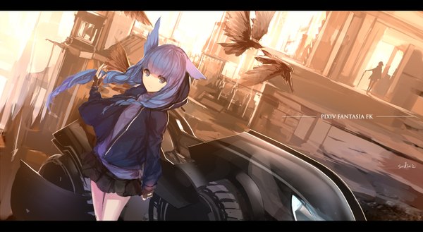 Anime picture 1771x974 with original pixiv fantasia pixiv fantasia fallen kings paradise (character) swd3e2 long hair looking at viewer highres blue eyes wide image multiple girls animal ears blue hair braid (braids) silhouette girl skirt gloves 2 girls animal