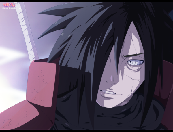 Anime picture 1024x785 with naruto studio pierrot naruto (series) uchiha madara blazing-wizard single long hair fringe black hair purple eyes sky cloud (clouds) light smile hair over one eye inscription coloring close-up face rinnegan boy