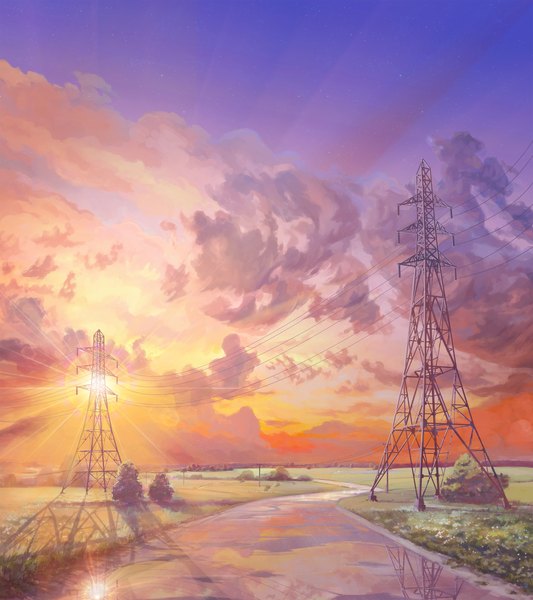 Anime picture 1920x2160 with everlasting summer iichan eroge arsenixc vvcephei tall image highres game cg sky cloud (clouds) sunlight no people landscape scenic collaboration meadow sun power lines road