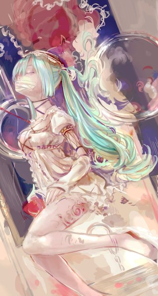 Anime picture 1096x2048 with vocaloid hatsune miku si (pixiv) single long hair tall image fringe twintails eyes closed hair over one eye aqua hair girl dress hair ornament pantyhose white dress chain bandage (bandages)
