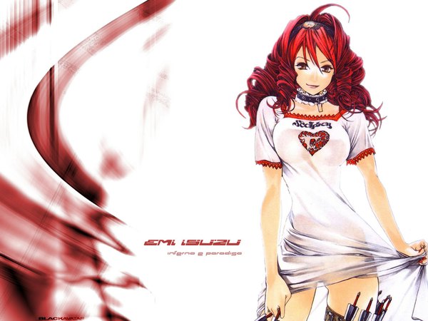 Anime picture 1024x768 with tenjou tenge isuzu emi oogure ito single long hair looking at viewer fringe breasts light erotic hair between eyes red eyes large breasts standing signed red hair drill hair third-party edit girl dress choker