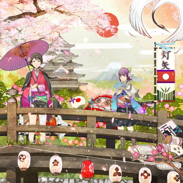 Anime picture 1200x1200 with original shigureteki standing multiple girls sky purple hair japanese clothes hair flower cherry blossoms mountain architecture east asian architecture lace-up boots girl hair ornament flower (flowers) bow weapon 2 girls plant (plants)