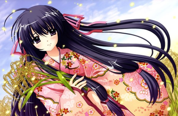 Anime picture 4804x3149 with nishimata aoi single long hair highres black hair smile purple eyes absurdres girl plant (plants) yukata