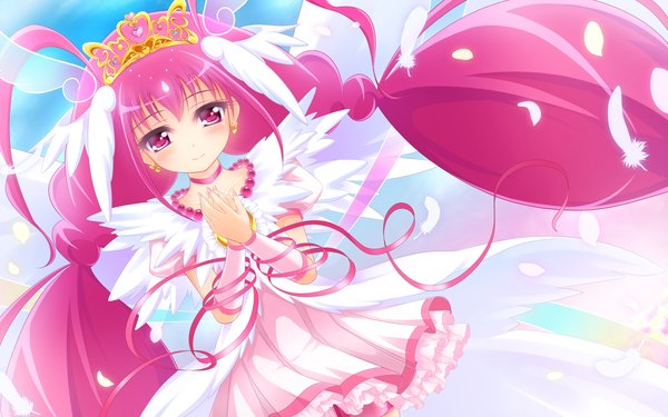 Anime picture 1920x1200 with precure smile precure! toei animation hoshizora miyuki cure happy yayayoruyoru single blush highres wide image twintails pink hair very long hair pink eyes girl dress earrings wings feather (feathers) tiara