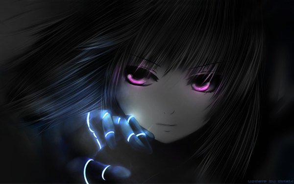 Anime picture 1280x800 with the king of fighters snk kula diamond single long hair looking at viewer highres black hair wide image pink eyes dark background girl hand