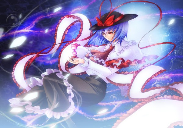 Anime picture 1500x1050 with touhou nagae iku hazuki rui single short hair red eyes blue hair magic girl bow ribbon (ribbons) hat