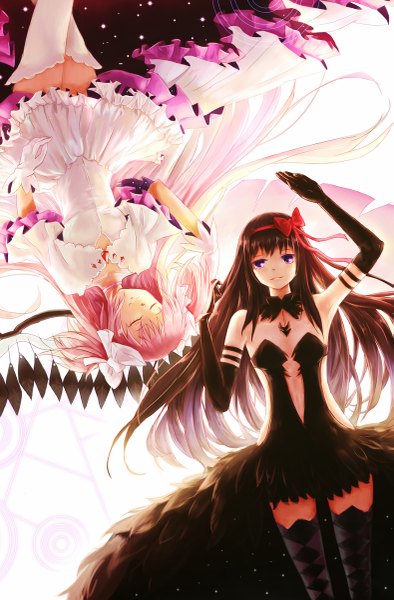 Anime picture 789x1200 with mahou shoujo madoka magica shaft (studio) akemi homura kaname madoka goddess madoka akuma homura kasumi chen long hair tall image fringe black hair simple background smile white background twintails purple eyes bare shoulders multiple girls pink hair eyes closed