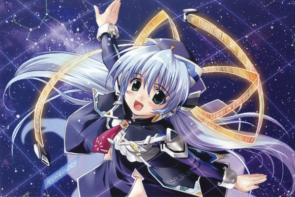 Anime picture 6421x4295 with planetarian hoshino yumemi komatsu eiji single long hair looking at viewer blush fringe highres open mouth twintails green eyes silver hair from above spread arms constellation girl necktie headdress star (stars)