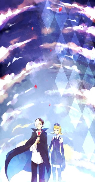 Anime picture 1159x2200 with d.gray-man arystar krory eliade tall image fringe short hair blonde hair smile brown hair twintails holding yellow eyes sky cloud (clouds) white hair multicolored hair wind pointy ears hair over one eye two-tone hair