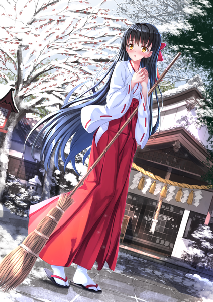 Anime picture 1102x1560 with original swordsouls single long hair tall image looking at viewer blush open mouth black hair yellow eyes full body traditional clothes japanese clothes dutch angle winter snow miko girl bow plant (plants)