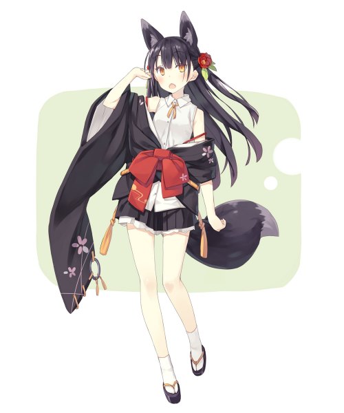 Anime picture 1000x1200 with original kuromitsu nene poco (asahi age) single long hair tall image looking at viewer blush fringe open mouth black hair simple background standing white background animal ears full body tail traditional clothes japanese clothes animal tail