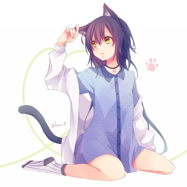 Anime picture 900x900 with original kuroi (liar-player) single long hair fringe black hair simple background hair between eyes white background sitting animal ears yellow eyes looking away full body bent knee (knees) tail animal tail cat ears cat girl cat tail