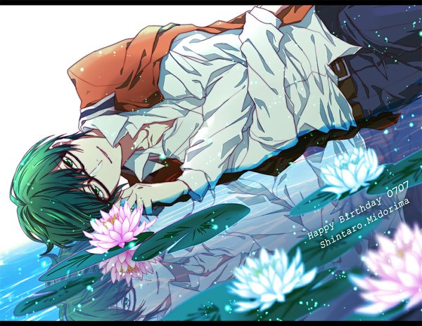 Anime picture 1100x852 with kuroko no basket production i.g midorima shintarou namikawa (pixiv1039631) single looking at viewer fringe short hair green eyes green hair open clothes open jacket reflection boy flower (flowers) shirt water glasses jacket water lily