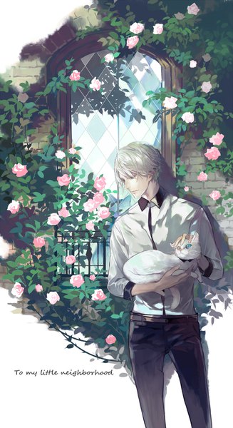 Anime picture 900x1650 with original hz (pixiv495788) tall image short hair blue eyes yellow eyes looking away head tilt grey hair inscription heterochromia text turning head english multicolored eyes carrying boy flower (flowers) plant (plants) animal