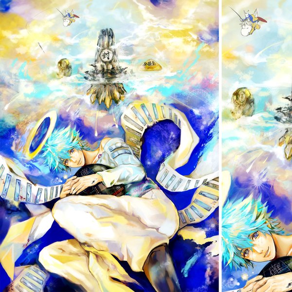 Anime picture 1500x1500 with houshin engi fugen shinjin tagme (artist) looking at viewer short hair blue eyes holding blue hair sky cloud (clouds) light smile multiple boys flying zoom layer boy animal 2 boys halo ball stone (stones)
