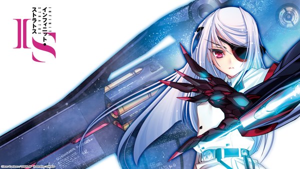 Anime picture 1920x1080 with infinite stratos 8bit laura bodewig choco single long hair looking at viewer highres wide image white hair pink eyes mechanical parts girl uniform weapon school uniform eyepatch