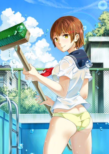 Anime picture 1240x1754 with original oden single tall image short hair light erotic brown hair yellow eyes sky cloud (clouds) light smile girl uniform underwear panties serafuku bubble (bubbles) sailor suit cleaning brush