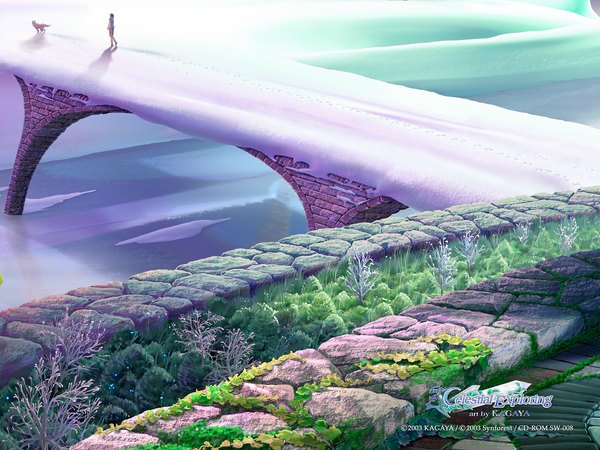 Anime picture 1600x1200 with kagaya inscription snow river girl plant (plants) dog bridge celestial exploring