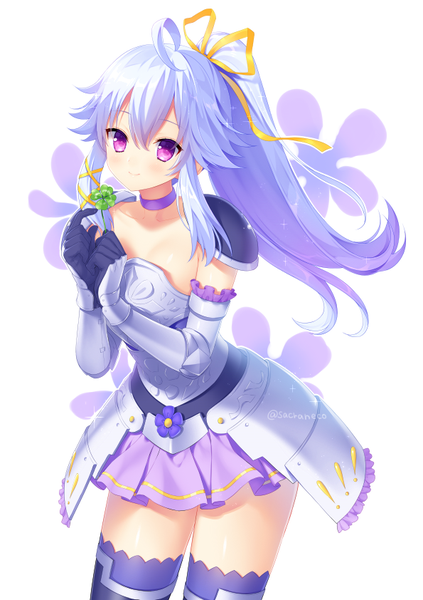 Anime picture 595x842 with flower knight girl sumire (flower knight girl) sakura neko single long hair tall image looking at viewer fringe light erotic hair between eyes standing purple eyes signed blue hair ahoge ponytail light smile no bra sparkle zettai ryouiki