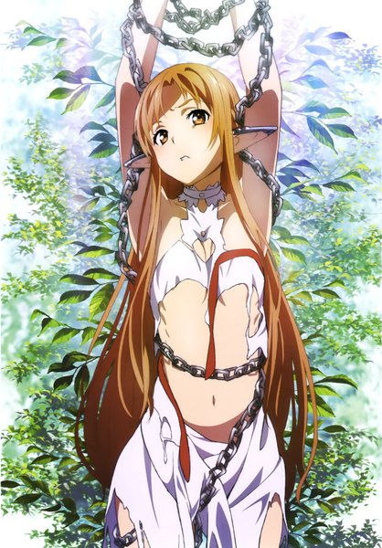 Anime picture 1578x2263 with sword art online a-1 pictures yuuki asuna titania (alo) single long hair tall image looking at viewer light erotic brown hair brown eyes pointy ears scan official art midriff girl navel plant (plants) chain