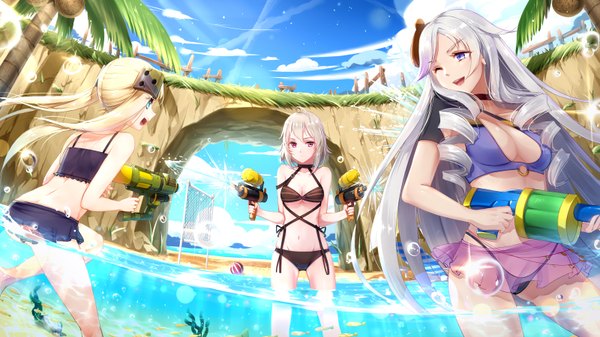 Anime picture 3200x1800 with original maya g long hair highres breasts open mouth blue eyes light erotic blonde hair wide image purple eyes twintails multiple girls sky cloud (clouds) white hair one eye closed beach drill hair girl